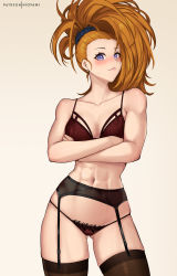 Rule 34 | 1girl, abs, absurdres, bare shoulders, blush, bra, breasts, captain mizuki, cleavage, closed mouth, collarbone, commentary, cowboy shot, crossed arms, english commentary, garter belt, gluteal fold, hair ornament, hair scrunchie, highres, hioyami, long hair, looking at viewer, medium breasts, navel, one-punch man, orange hair, panties, patreon username, purple eyes, scrunchie, solo, sweatdrop, thighhighs, thighs, toned, underwear, underwear only