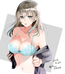 Rule 34 | 1girl, blue bra, blue eyes, bow, bow bra, bra, breasts, commentary, cropped torso, dated, floral print, girls und panzer, grey shirt, itsumi erika, kuromorimine school uniform, long sleeves, looking at viewer, medium breasts, medium hair, navel, off shoulder, open clothes, open mouth, open shirt, opened by self, print bra, school uniform, shirt, silver hair, solo, touma (tsunamiharuru), twitter username, underwear, undressing