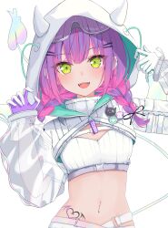 Rule 34 | 1girl, braid, breasts, cleavage, cowboy shot, demon girl, demon hood, demon tail, gloves, green eyes, highres, hip tattoo, hololive, medium breasts, mumei (mumeillust1123), navel, official alternate costume, purple hair, shorts, simple background, solo, strapless, tail, tokoyami towa, tokoyami towa (5th costume), tube top, twin braids, virtual youtuber, white background, white gloves, white hood, white shorts, white shrug, white tube top, winged heart tattoo