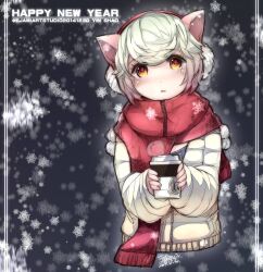 Rule 34 | 1girl, animal ears, cat ears, coat, coffee, ejami, happy new year, long sleeves, looking at viewer, new year, open mouth, original, scarf, short hair, snowflakes, snowing, solo, white hair, winter clothes, winter coat