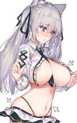 Rule 34 | 1girl, animal ears, areola slip, arrow (symbol), aruvina (gu luco), between breasts, blush, breasts, cat ears, cleavage, collared shirt, crop top, frilled shirt, frills, grey hair, grey shirt, gu luco, hair ribbon, highleg, highres, huge breasts, large breasts, long hair, long sleeves, looking down, microskirt, midriff, navel, necktie, no bra, original, red eyes, ribbon, shirt, short necktie, simple background, skindentation, skirt, solo, stomach, twintails, upper body, white background