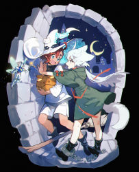 Rule 34 | 2girls, animal ears, black footwear, blue eyes, boots, bow, broom, crescent, cuffs, fairy wings, green jacket, grey eyes, gundam, gundam aerial, gundam suisei no majo, haro, hat, highres, holding, holding wand, hood, hooded jacket, jacket, kabedon, kemonomimi mode, korean commentary, mecha, miorine rembran, multiple girls, red bow, red hair, robot, shackles, shirt, short eyebrows, shorts, star (sky), suletta mercury, surprised, thick eyebrows, wand, wbfish, white headwear, white shirt, white shorts, wings, witch hat, wolf ears, wolf girl