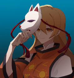Rule 34 | 1girl, arong, blonde hair, blue background, collar, collared shirt, constellation, constellation print, fox mask, long hair, long sleeves, looking at viewer, mask, mask on head, matara okina, no headwear, noh mask, oni mask, orange eyes, orange sleeves, shirt, simple background, solo, sun symbol, tabard, touhou, upper body, wide sleeves