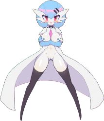 Rule 34 | 1girl, absurdres, aliceyawnin, alternate color, blush, bob cut, bra, breasts, colored skin, commission, creatures (company), dr. voir (nanosheep), female focus, game freak, gardevoir, gen 3 pokemon, green hair, highres, lab coat, legs apart, looking at viewer, nintendo, nipples, no humans, open mouth, pokemon, pokemon (creature), pussy, red eyes, shiny pokemon, simple background, solo, source request, thighhighs, underwear, white skin