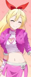 Rule 34 | 10s, 1girl, blonde hair, bow, breasts, cleavage, cleavage cutout, closed eyes, clothing cutout, crop top, fingerless gloves, gloves, groin, hair bow, hair ribbon, heart cutout, jacket, kirisaki chitoge, long hair, medium breasts, midriff, miniskirt, navel, nisekoi, pink jacket, pink skirt, ponytail, red ribbon, ribbon, shiny clothes, skirt, smile, solo, stomach, white gloves