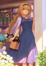 Rule 34 | 1girl, ahoge, arm at side, bag, blonde hair, blue bow, blue dress, blue flower, blue hairband, blurry, blurry background, blush, bottle, bow, braid, breasts, buttons, cardigan, casual, collarbone, commentary request, day, dress, fate/grand order, fate (series), flower, flower shop, hair bow, hairband, hand up, highres, indoors, jacket, jacket on shoulders, jeanne d&#039;arc (fate), jeanne d&#039;arc (ruler) (fate), large breasts, long hair, looking at viewer, mashuu (neko no oyashiro), open mouth, pink flower, plant, potted plant, purple cardigan, red flower, shop, shoulder bag, sidelocks, signature, single braid, smile, solo, twitter username, very long hair, white flower, yellow flower