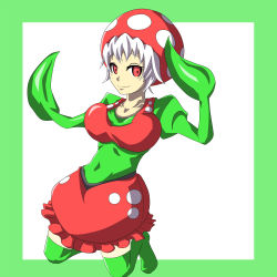 Rule 34 | 1girl, highres, mario (series), monster girl, nintendo, personification, piranha plant, plant girl, red eyes, skirt, solo, super mario bros. 1, thighhighs, white hair