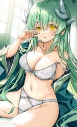 Rule 34 | 1girl, bare shoulders, blush, bra, breasts, cleavage, collarbone, dragon girl, dragon horns, fate/grand order, fate (series), floral print, green hair, green kimono, highres, horns, japanese clothes, kimono, kiyohime (fate), large breasts, long hair, looking at viewer, morizono shiki, navel, off shoulder, panties, parted lips, sitting, solo, thighs, underwear, white bra, white panties, wide sleeves, yellow eyes