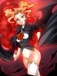 Rule 34 | 1girl, acis (hawawani), bat wings, blonde hair, brooch, cape, commentary, cowboy shot, elbow gloves, female focus, funnyari, gloves, green eyes, highleg, highleg leotard, jewelry, leotard, light smile, looking at viewer, moon, original, pointy ears, red moon, solo, thighhighs, twintails, vampire, white leotard, white thighhighs, wings