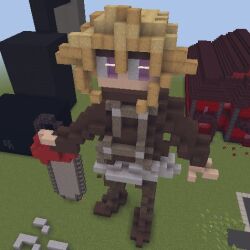 1girl brown_hair chainsaw minecraft_(medium) purple_eyes standing unconventional_media urotsuki voxel_art yume_2kki