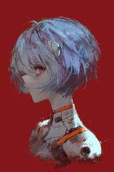 Rule 34 | 1girl, absurdres, antenna hair, ayanami rei, blue hair, bob cut, bodysuit, closed mouth, commentary, from side, headgear, highres, looking at viewer, looking to the side, neon genesis evangelion, painterly, plugsuit, portrait, profile, red background, red eyes, rsef, short hair, sideways glance, simple background, solo, white bodysuit