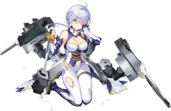 Rule 34 | 1girl, ahoge, aiguillette, bare shoulders, blue oath, boots, braid, breasts, cannon, cleavage, closed mouth, damaged, detached sleeves, fingerless gloves, full body, gauntlets, gloves, hair between eyes, heterochromia, highres, holding, holding sword, holding weapon, knee boots, kneeling, large breasts, long hair, looking at viewer, official art, pants, rigging, rudder footwear, sidelocks, silver hair, sleeveless, slit pupils, solo, sword, tachi-e, thigh strap, torn clothes, transparent background, turret, warspite (blue oath), weapon, white pants, yellow eyes