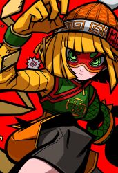 Rule 34 | 1girl, arms (game), beanie, blonde hair, domino mask, green eyes, hat, highres, mask, min min (arms), omoti sakamoto, out of frame, red background, short hair