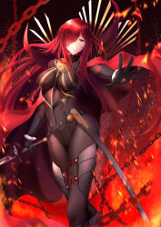 Rule 34 | 1girl, armored boots, black bodysuit, bodysuit, boots, cape, collared cape, fate/grand order, fate (series), hair over one eye, highres, lanceralter1, oda nobunaga (fate), oda nobunaga (fate), oda nobunaga (koha-ace), oda nobunaga (maou avenger) (fate), oda uri, popped collar, red cape, red eyes, red hair, smile, solo