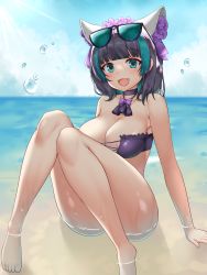 Rule 34 | 1girl, :d, animal ears, areola slip, arm support, ass, azur lane, bad id, bad pixiv id, bare arms, bare shoulders, barefoot, beach, bikini, black choker, black hair, blunt bangs, blurry, blurry background, blush, bow, breasts, cat ears, cheshire (azur lane), cheshire (summery date!) (azur lane), choker, cleavage, collarbone, commentary request, day, deaver, eyewear on head, fang, flower, frills, hair flower, hair ornament, highres, horizon, knees together feet apart, knees up, large breasts, looking at viewer, maid headdress, multicolored hair, ocean, open mouth, outdoors, purple bikini, purple bow, purple flower, shallow water, sitting, smile, soaking feet, solo, strapless, strapless bikini, streaked hair, sunglasses, swimsuit, water