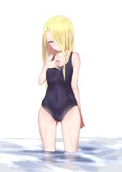 Rule 34 | 1girl, bad id, bad pixiv id, bare arms, bare shoulders, black one-piece swimsuit, blonde hair, blush, breasts, brown eyes, collarbone, commentary request, copyright request, covered navel, gluteal fold, hair over one eye, highres, jilu, long hair, looking at viewer, one-piece swimsuit, parted lips, school swimsuit, small breasts, solo, standing, swimsuit, wading, water, wet, wet clothes, wet swimsuit