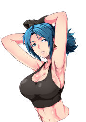 Rule 34 | 1girl, armpits, arms up, black gloves, blue eyes, blue hair, breasts, cleavage, commentary request, crop top, earrings, ghgnvm, gloves, highres, jewelry, large breasts, leona heidern, looking to the side, midriff, sideboob, solo, strap gap, the king of fighters, toned, torso, triangle earrings, upper body, white background