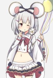 Rule 34 | 1girl, animal ears, balloon, bow, brooch, commentary request, granblue fantasy, grey hair, hair ornament, hairband, hairclip, heart, heart brooch, holding, holding balloon, index finger raised, jewelry, looking at viewer, medium hair, midriff, mouse (animal), mouse ears, navel, one eye closed, red bow, red eyes, shirt, simple background, skirt, thigh strap, toro th, vikala (granblue fantasy), white background, white shirt, white skirt, wide sleeves