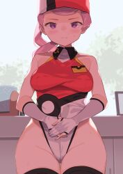 Rule 34 | 1girl, blush, breasts, cameltoe, closed mouth, commentary request, covered erect nipples, creatures (company), day, game freak, gloves, hat, highleg, highleg leotard, highres, joy (pokemon), leotard, long hair, looking at viewer, medium breasts, nintendo, outdoors, own hands together, partially fingerless gloves, pink hair, poke ball print, pokemon, pokemon sv, purple eyes, red leotard, smile, solo, spring2013, sweat