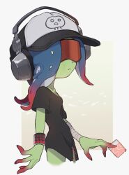 Rule 34 | 1girl, bandaged arm, bandages, baseball cap, black shirt, blue hair, border, closed mouth, colored skin, commentary request, cropped legs, dedf1sh, gradient background, gradient hair, green skin, grey background, hat, headphones, highres, multicolored hair, nintendo, octoling, outside border, print headwear, red-tinted eyewear, red hair, sanitized (splatoon), shirt, solo, splatoon (series), splatoon 3, splatoon 3: side order, sunglasses, tinted eyewear, two-tone hair, white border, wristband, yksb inc6