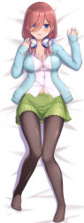 Rule 34 | 1girl, absurdres, black pantyhose, blue cardigan, blue eyes, blush, breasts, brown hair, button gap, cardigan, cleavage, collarbone, collared shirt, commentary request, dakimakura (medium), eyebrows hidden by hair, full body, go-toubun no hanayome, green skirt, hair between eyes, headphones, headphones around neck, highres, inanaki shiki, knees together feet apart, large breasts, long hair, long sleeves, looking at viewer, lying, nakano miku, navel, no shoes, on back, on bed, open cardigan, open clothes, open mouth, pantyhose, pleated skirt, school uniform, shadow, shirt, skirt, sleeves past wrists, solo, white shirt