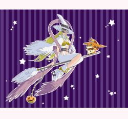 Rule 34 | angel, angel girl, angewomon, belt, broom, broom riding, digimon, hat, highres, long hair, mask, patamon, pumpmon, scarf, wings, witch, witch hat