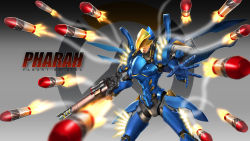 Rule 34 | 1girl, armor, artist name, black hair, brown eyes, character name, dark-skinned female, dark skin, finger on trigger, firing, full armor, gauntlets, glowing, grey background, gun, highres, holding, holding gun, holding weapon, legs apart, logo, looking at viewer, motion blur, one eye covered, outstretched arm, overwatch, overwatch 1, parted lips, pharah (overwatch), power armor, red lips, rocket, smoke, solo, sunkilow, visor, wallpaper, weapon
