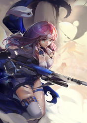 Rule 34 | 1girl, aged down, ana (overwatch), breasts, brown eyes, cleavage, coat, dark-skinned female, dark skin, explosive, eyebrows, eyelashes, facial mark, facial tattoo, gorget, gun, unworn headwear, highres, holding, holster, long hair, medium breasts, outstretched arm, overwatch, overwatch 1, pink hair, rabbit (tukenitian), rifle, shiny skin, silhouette, single thighhigh, smoke, solo focus, tattoo, thigh holster, thigh strap, thighhighs, weapon, white thighhighs
