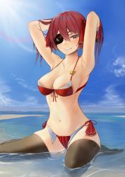 Rule 34 | 1girl, absurdres, armpits, arms behind head, arms up, beach, bikini, black thighhighs, blue sky, breasts, cleavage, closed mouth, collarbone, commentary, eyepatch, full body, hair between eyes, hair ribbon, heart, highres, hololive, horizon, houshou marine, huge filesize, looking at viewer, medium breasts, navel, ocean, outdoors, partially submerged, red bikini, red eyes, red hair, red ribbon, ribbon, ribs, sand, sitting, skindentation, sky, smile, solo, string bikini, sunlight, swimsuit, thighhighs, ur-8, virtual youtuber, wariza, water