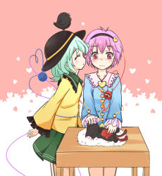 Rule 34 | 2girls, aaaabo, animal, animal on head, aqua hair, bird, bird on head, blouse, blush, cat, collarbone, closed eyes, female focus, hat, hat ribbon, headband, heart, heart of string, imminent kiss, kaenbyou rin, kaenbyou rin (cat), komeiji koishi, komeiji satori, multiple girls, on head, pink background, pink hair, profile, reiuji utsuho, reiuji utsuho (bird), ribbon, shirt, short hair, siblings, sisters, skirt, table, third eye, touhou, wavy mouth, white background