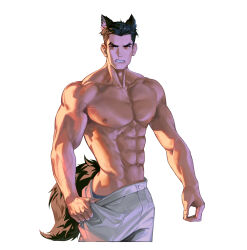 Rule 34 | 1boy, abs, absurdres, animal ears, bara, black hair, clenched teeth, dog boy, dog ears, dog tail, grey pants, highres, large pectorals, male focus, muscular, muscular male, nanyu1998, navel, nipples, original, pants, pectorals, red eyes, short hair, simple background, solo, tail, teeth, topless male, white background