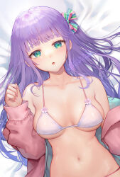 Rule 34 | 1girl, aqua eyes, bare shoulders, bed sheet, bikini, bow, breasts, collarbone, dika, hair bow, hand up, highres, indie virtual youtuber, jacket, large breasts, lf (paro), long hair, long sleeves, looking at viewer, navel, off shoulder, one side up, open clothes, open jacket, open mouth, pink jacket, purple hair, skindentation, solo, stomach, string bikini, swimsuit, virtual youtuber, white bikini