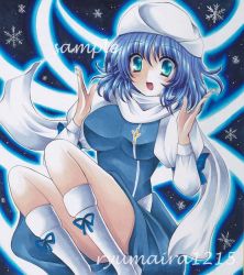 Rule 34 | 1girl, apron, blue eyes, blue hair, blush, boots, breasts, hat, juliet sleeves, letty whiterock, long sleeves, marker (medium), matching hair/eyes, medium breasts, open mouth, puffy long sleeves, puffy sleeves, ryumaira, scarf, short hair, sitting, skirt, smile, snow, snowflakes, solo, touhou, traditional media, vest, white scarf