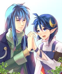 Rule 34 | 1boy, 1girl, ahoge, blue eyes, blue hair, cape, closed mouth, crescent, crescent hair ornament, dias flac, hair ornament, interlocked fingers, long hair, open mouth, pointy ears, red cape, rena lanford, riou (pooh920), short hair, smile, star ocean, star ocean the second story