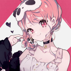 Rule 34 | 1girl, ahoge, bare shoulders, black choker, black jacket, blush, breasts, captain yue, choker, cleavage, closed mouth, collarbone, crescent, dated, dress, fang, fang out, hand up, head tilt, heart, jacket, long sleeves, mask, mask on head, medium breasts, multicolored hair, nail polish, nijisanji, off shoulder, pink hair, puffy long sleeves, puffy sleeves, red background, red eyes, red nails, sasaki saku, sasaki saku (8th costume), sleep mask, sleeveless, sleeveless dress, sleeves past wrists, smile, solo, streaked hair, thick eyebrows, two-tone background, virtual youtuber, white background, white dress, white hair