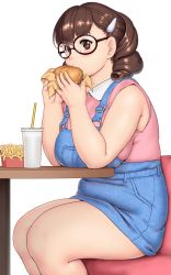 Rule 34 | 1girl, black-framed eyewear, blue dress, blush, breasts, brown eyes, brown hair, burger, commentary request, cup, dress, drill hair, drink, drinking straw, eating, feet out of frame, food, french fries, from side, glasses, hair ornament, hairclip, highres, holding, holding food, kurowa-san (orizen), large breasts, medium hair, original, orizen, simple background, sitting, sleeveless, solo, table, tareme, thick arms, thick thighs, thighs, twin drills, white background, wing collar