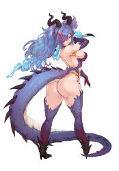 Rule 34 | 1girl, ass, blue eyes, blue hair, breasts, claws, dragon girl, dragon horns, dragon tail, from behind, highres, holding, holding sword, holding weapon, horns, kaida umi (dragoaman), large breasts, long hair, looking at viewer, looking back, multicolored hair, original, scales, solo, streaked hair, sword, tail, tezy8art, thick thighs, thighs, twintails, very long hair, weapon, white background