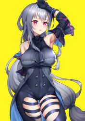 Rule 34 | 1girl, absurdres, arknights, arm behind back, arm up, armpits, bad id, bad pixiv id, bare shoulders, black gloves, black neckwear, black pants, blush, breasts, clothing cutout, cowboy shot, detached sleeves, gloves, highres, large breasts, leggings, long hair, looking at viewer, low-tied long hair, no headwear, pants, parted lips, pink eyes, shao (shaorouhong), silver hair, simple background, skadi (arknights), skadi (elite ii) (arknights), skindentation, solo, standing, thigh cutout, thighs, very long hair, yellow background