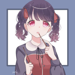 Rule 34 | 1girl, artist request, black hair, black ribbon, commentary request, fang, food, fukumaru koito, hair ribbon, idolmaster, idolmaster shiny colors, long sleeves, looking at viewer, neck ribbon, pocky, purple eyes, red ribbon, ribbon, short hair, simple background, skin fang, solo, twintails, upper body