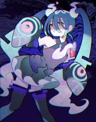 Rule 34 | 1girl, bare shoulders, black sleeves, black thighhighs, blue background, blue hair, creatures (company), detached arm, detached legs, detached sleeves, game freak, ghost miku (project voltage), glitch, gradient hair, grey shirt, hair between eyes, hands up, hatsune miku, highres, long hair, looking at viewer, multicolored hair, necktie, nintendo, pale skin, pokemon, print sleeves, project voltage, see-through, see-through skirt, shaded face, shine asahi, shirt, skirt, sleeveless, sleeveless shirt, sleeves past fingers, sleeves past wrists, solo, thighhighs, twintails, very long hair, vocaloid, white hair, white necktie, will-o&#039;-the-wisp (mythology), yellow eyes