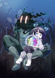 Rule 34 | 1girl, 1other, alternate eye color, black hair, black pants, blue background, blue eyes, blue theme, boots, commentary request, creature, cross-laced footwear, expressionless, glowing, glowing eyes, hairband, highres, holding, holding creature, jacket, jitomi monoe, knees to chest, lace-up boots, magnet, monster, pants, puffy sleeves, ringo choko, sparks, underwater, virtual youtuber, voms, white footwear, zipper pull tab, | |