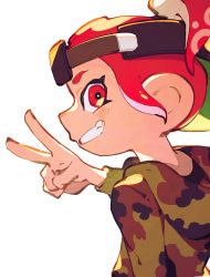 Rule 34 | 1girl, absurdres, backwards hat, camouflage, grin, hat, high ponytail, highres, hood, hood down, inari1369, long sleeves, nintendo, octoling, octoling girl, octoling player character, ponytail, red eyes, red hair, simple background, smile, solo, splatoon (series), suction cups, teeth, tentacle hair, upper body, v, visor cap, white background