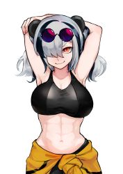 Rule 34 | 1girl, abs, absurdres, animal ears, arknights, armpits, arms behind head, arms up, bare shoulders, black hair, black leggings, black sports bra, breasts, cleavage, closed mouth, clothes around waist, collarbone, commentary request, cowboy shot, eyewear on head, feater (arknights), feater (dojo star) (arknights), groin, hair between eyes, hair over one eye, highres, jacket, jacket around waist, large breasts, leggings, long hair, looking at viewer, midriff, multicolored hair, navel, official alternate costume, panda ears, panda girl, partial commentary, purple-tinted eyewear, red eyes, round eyewear, sidelocks, silver hair, simple background, smile, solo, sports bra, standing, streaked hair, sunglasses, taut clothes, tinted eyewear, twintails, white background, yellow jacket, yotamaru