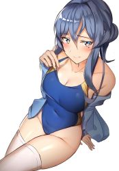 Rule 34 | 1girl, bare shoulders, blue cardigan, blue hair, blue one-piece swimsuit, blush, breasts, cardigan, closed mouth, collarbone, gotland (kancolle), hair between eyes, highres, kantai collection, large breasts, long hair, looking at viewer, mole, mole under eye, navel, one-piece swimsuit, pallad, simple background, solo, swimsuit, thighhighs, thighs, white background, white thighhighs