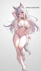 Rule 34 | 1girl, ai-assisted, animal ear fluff, animal ears, arm up, armpits, aztodio, bikini, blue eyes, breasts, cleavage, collarbone, commentary, english commentary, full body, grey background, grey hair, large breasts, long hair, looking at viewer, navel, original, parted lips, patreon username, simple background, smile, solo, swimsuit, thighs, white bikini, wolf ears, wolf girl
