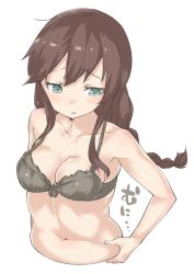 Rule 34 | 10s, 1girl, aqua eyes, bad id, bad twitter id, bare arms, bare shoulders, belly grab, black bra, blush, bra, braid, breasts, brown hair, cleavage, collarbone, ebifurya, eyebrows, grabbing, hand on own hip, highres, inactive account, kantai collection, long hair, medium breasts, navel, noshiro (kancolle), plump, sidelocks, simple background, single braid, solo, stomach, underwear, underwear only, upper body, weight conscious, white background