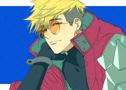 Rule 34 | 1boy, armor, black shirt, blonde hair, blue background, closed mouth, coat, commentary request, earrings, green eyes, hair between eyes, jewelry, looking at viewer, male focus, mole, mole under eye, orange-tinted eyewear, pauldrons, red coat, shiramatsu, shirt, short hair, shoulder armor, smile, solo, sunglasses, tinted eyewear, trigun, trigun stampede, undercut, upper body, vash the stampede