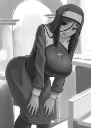 Rule 34 | 1girl, black dress, breasts, commentary request, cross, cross necklace, dress, greyscale, hair between eyes, highres, indoors, jewelry, large breasts, latin cross, leaning forward, monochrome, natsuishi nana, necklace, nun, open mouth, original, robe, traditional nun, veil