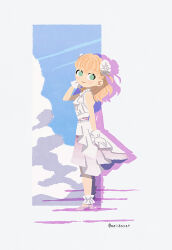 Rule 34 | 1girl, aqua eyes, arm up, closed mouth, commentary, crossed bangs, dress, drop shadow, frilled gloves, frills, full body, gloves, highres, hinoshita kaho, layered dress, light smile, link! like! love live!, link to the future (love live!), looking at viewer, looking to the side, love live!, medium dress, medium hair, meidosan, orange hair, pink dress, sleeveless, sleeveless dress, solo, standing, twitter username, two side up, virtual youtuber, white dress, white gloves