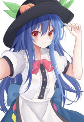 Rule 34 | 1girl, atory, black headwear, blue hair, blue skirt, bow, bowtie, center frills, closed mouth, food, frills, fruit, hand on headwear, hinanawi tenshi, leaf, long hair, looking at viewer, peach, red bow, red bowtie, red eyes, short sleeves, sidelocks, simple background, skirt, smile, solo, touhou, white background